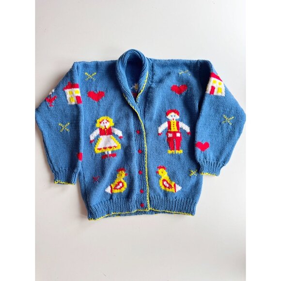 Vintage Handmade Kids' Blue Farmer Duck Wool Intarsia Cardigan Sweater, Size L - Picture 1 of 8
